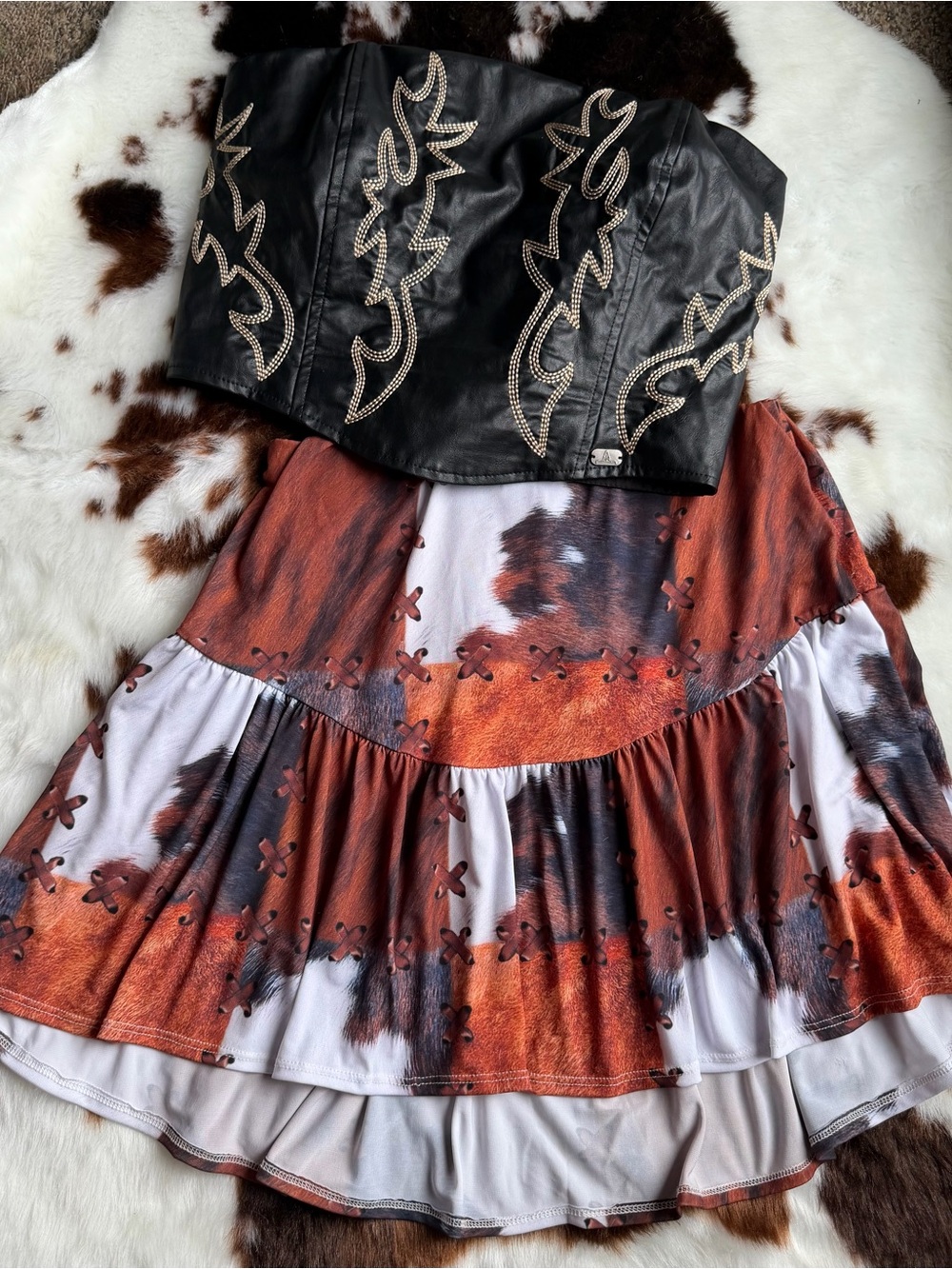Lucky & Blessed Rust and White Cowhide Print Tiered Skirt